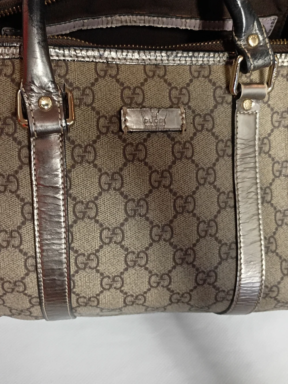 Authentic Vintage Gucci Sliver GG Monogram Satchel with Metallic Trim